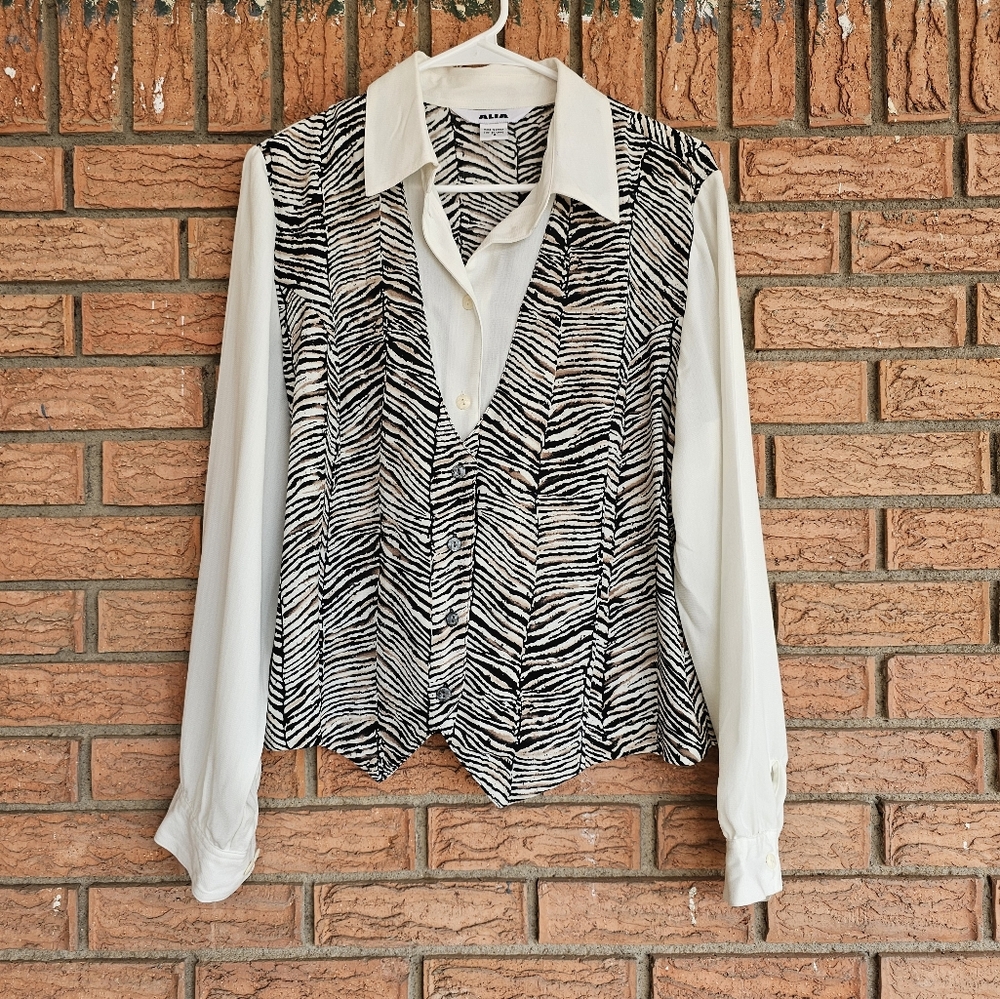 ALIA Zebra Print Vest with White Long Sleeves Size 14